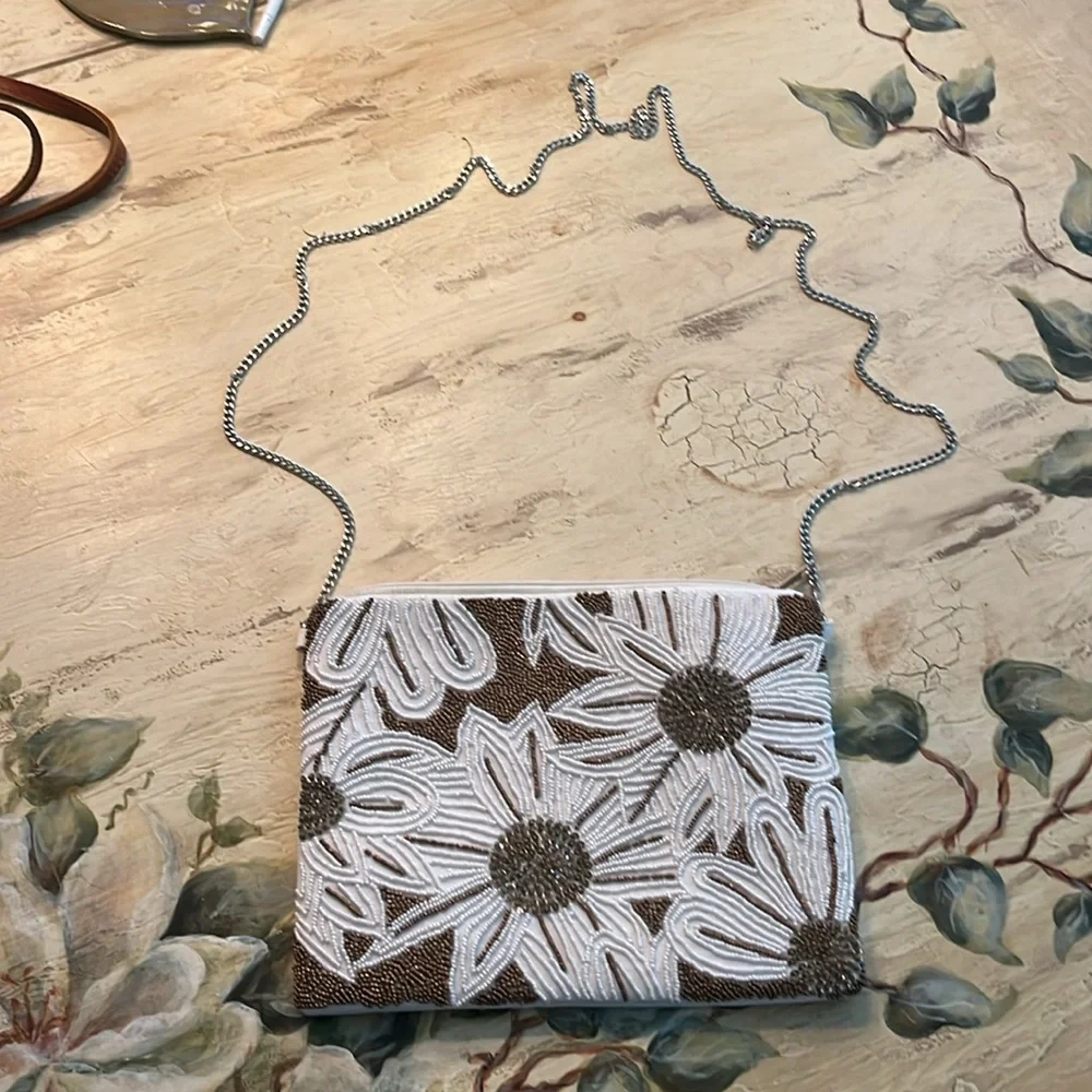 Beaded White and Bronze Floral Wristlet Clutch
